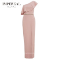 Women Diamante Waistband Maxi Ruffle Layer Neckline Peach Bridesmaid Pink Dress